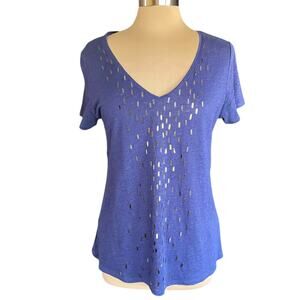 Eileen Fisher Royal Blue Short Sleeve Tee 100% Linen Sequin Embellishment Sz MED